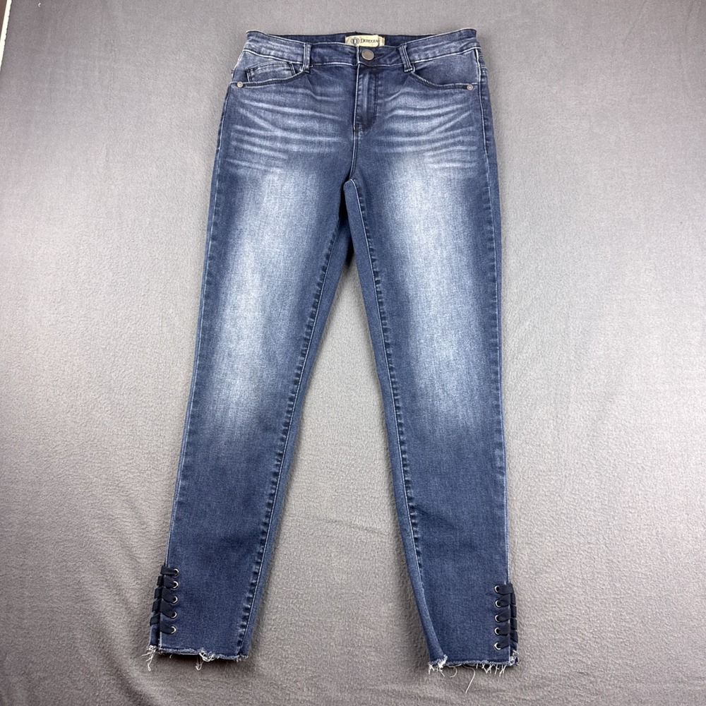Democracy Jeans Women's 4 Blue High Rise Skinny Ankle Lace Up Hem Frayed Faded
